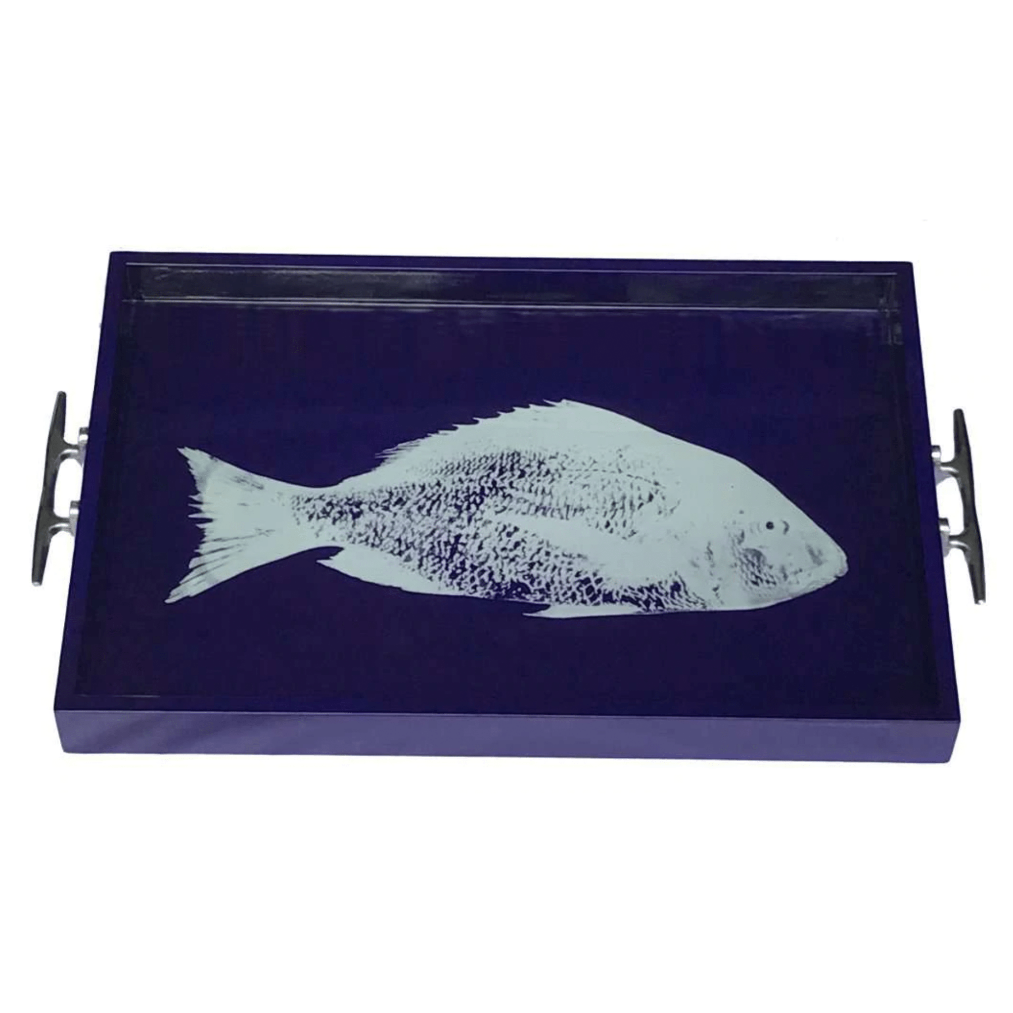 Blue Lacquered Fish Tray with Silver Cleat Handles – Coastal Decor