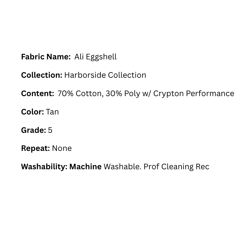 Text information card with fabric details including name, collection, content, color, grade, repeat, and washability.