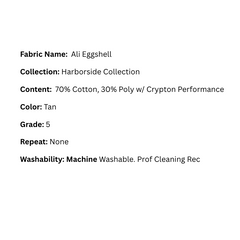 Text information card with fabric details including name, collection, content, color, grade, repeat, and washability.