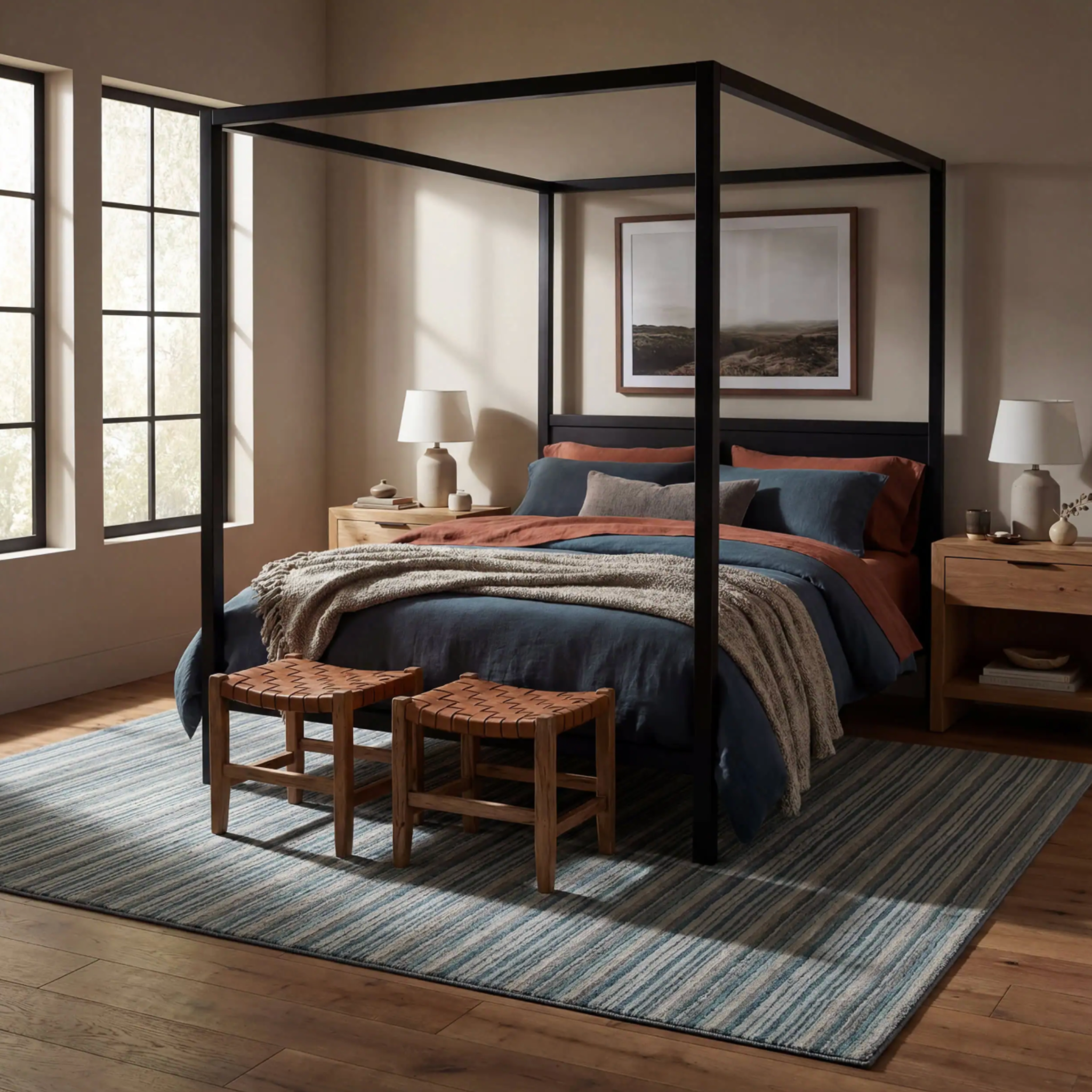 Brindle Stripe Hand Loom Knotted Wool Rug - Blue