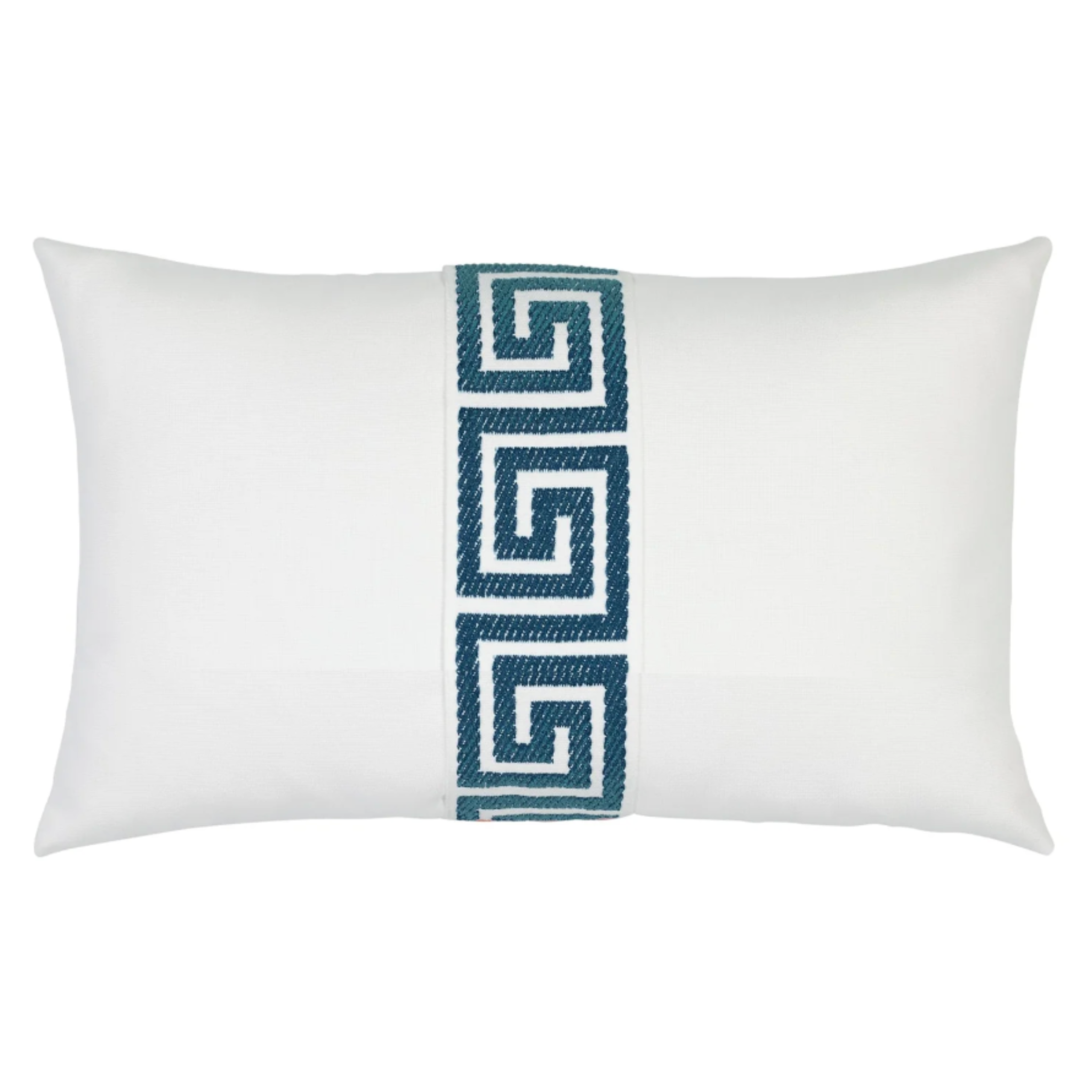 blue and white greek key throw pillow styled close up