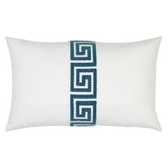 blue and white greek key throw pillow styled close up