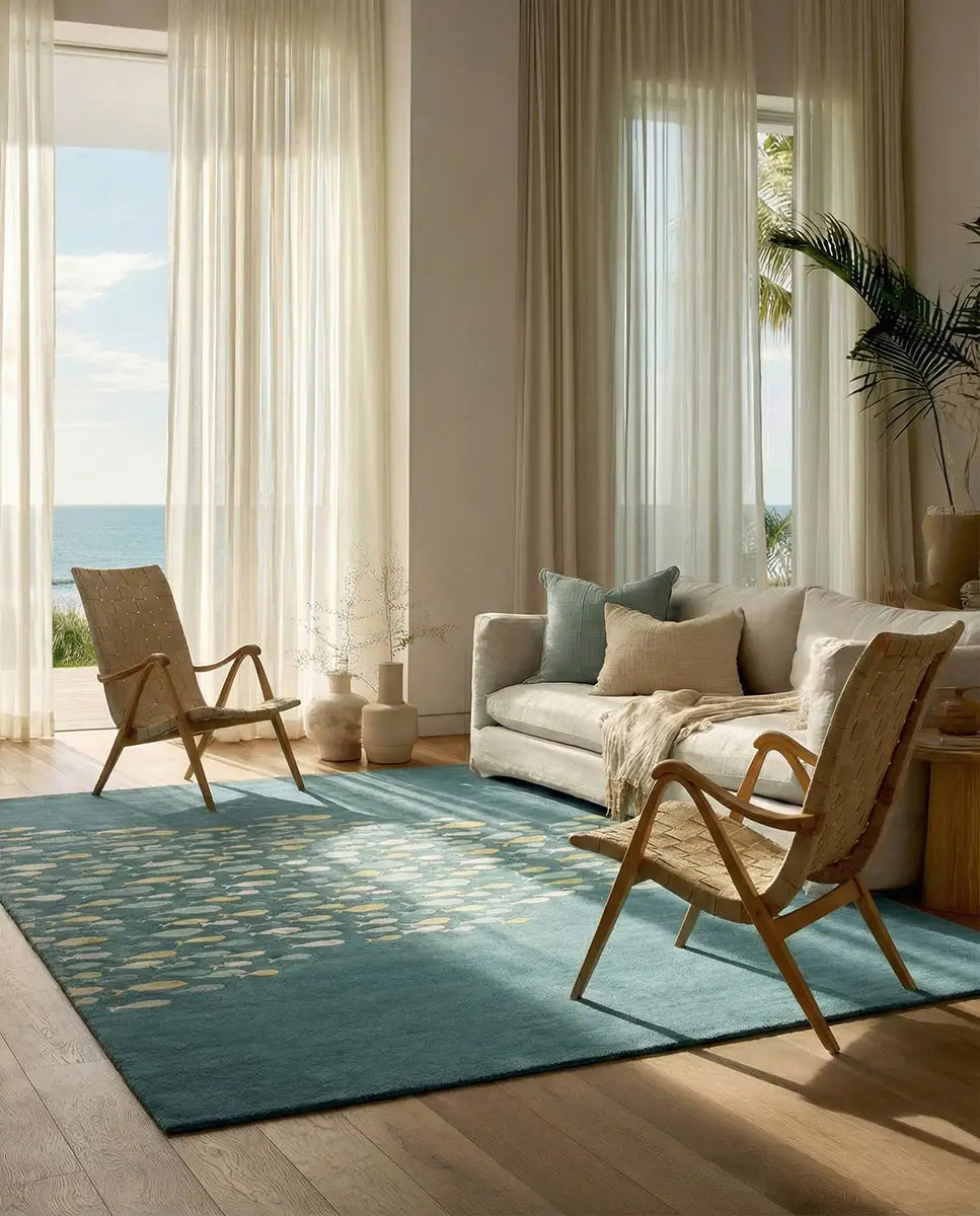 School of Fish Wool Rug - Nautical Fish Pattern Wool Area Rug, Blue, Beige and Natural, Multiple Sizes Including Round and Runner (Copy)