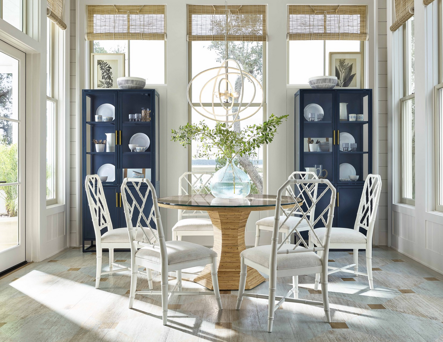 Our Boat House Coastal Dining with blue cabinet