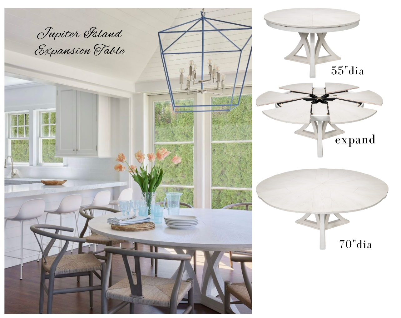 Dining room with Jupiter Island Expansion Table and additional table images.