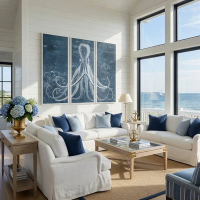 Blue Octopus Triptych - Framed Giclee - Our Boat House