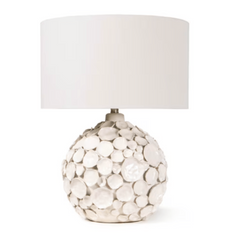 Decorative lamp with a white textured base and white shade on a white background