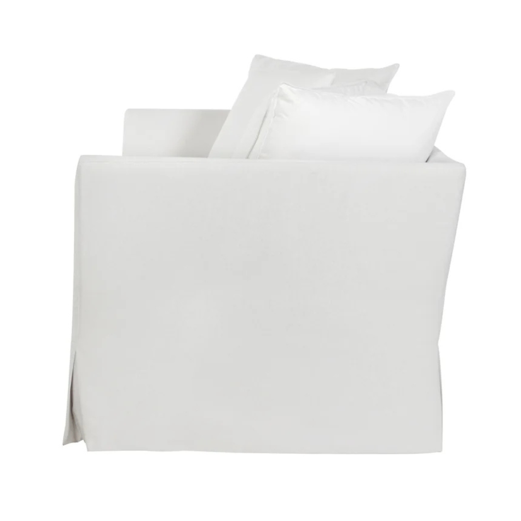 side image of white slipcovered chair by Our Boat House