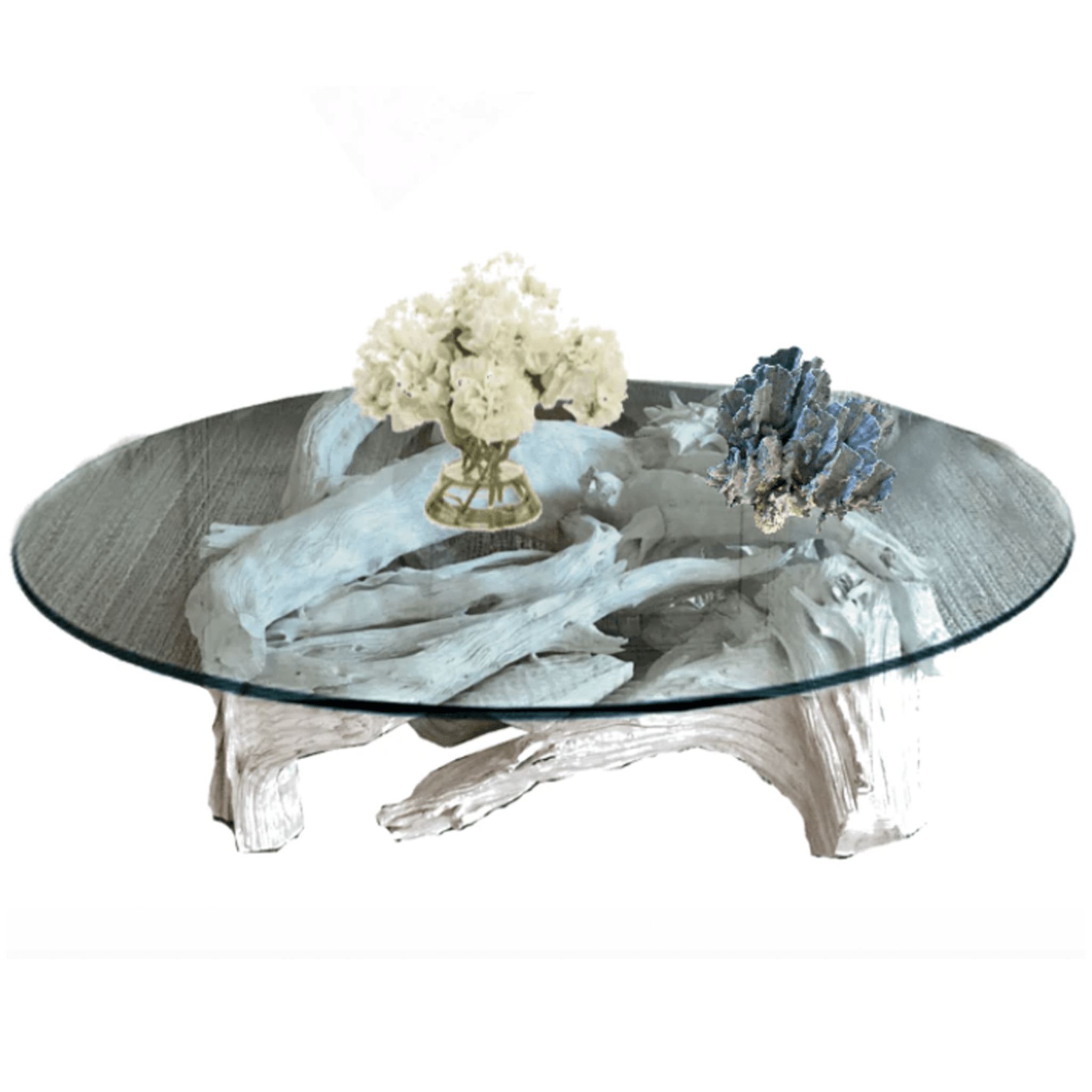 Hampton Driftwood Coffee Table Base - Round Coastal Driftwood Table Base, White Wash or Natural Finish, Multiple Size Options