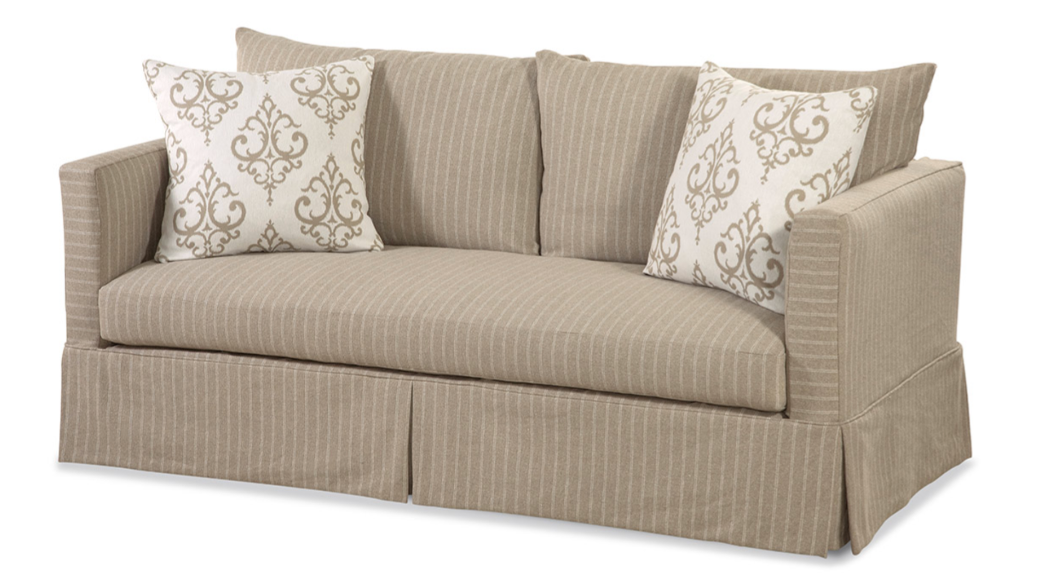 Beige sofa with patterned cushions on a white background