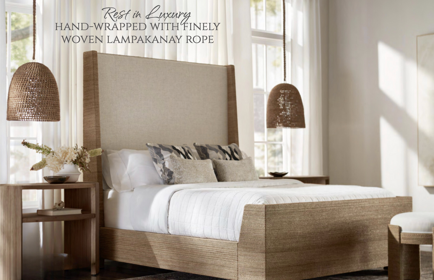 Neatly made bed with decorative pillows in a bright bedroom setting.