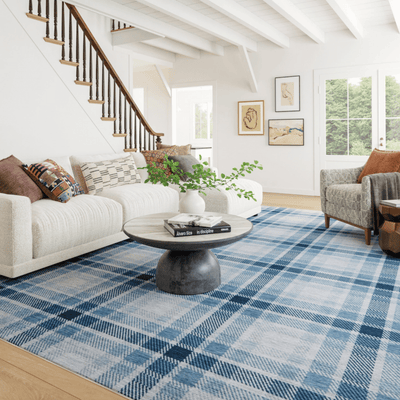 Andri Blue Modern Plaid Machine Washable Rug - Our Boat House