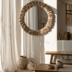 Bedford Round Oyster Shell Mirror - Natural Oyster Shell Round Wall Mirror, 25in to 35in, Coastal Beach House Wall Decor - Our Boat House