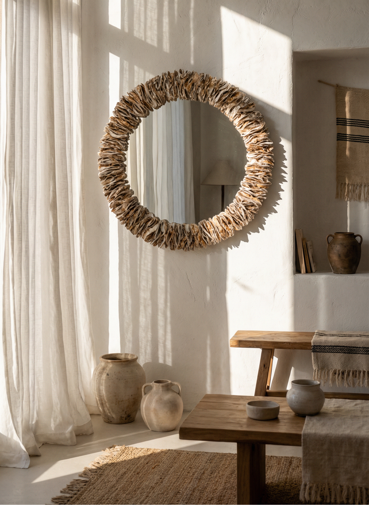 Bedford Round Oyster Shell Mirror - Natural Oyster Shell Round Wall Mirror, 25in to 35in, Coastal Beach House Wall Decor