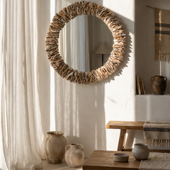 Bedford Round Oyster Shell Mirror - Natural Oyster Shell Round Wall Mirror, 25in to 35in, Coastal Beach House Wall Decor