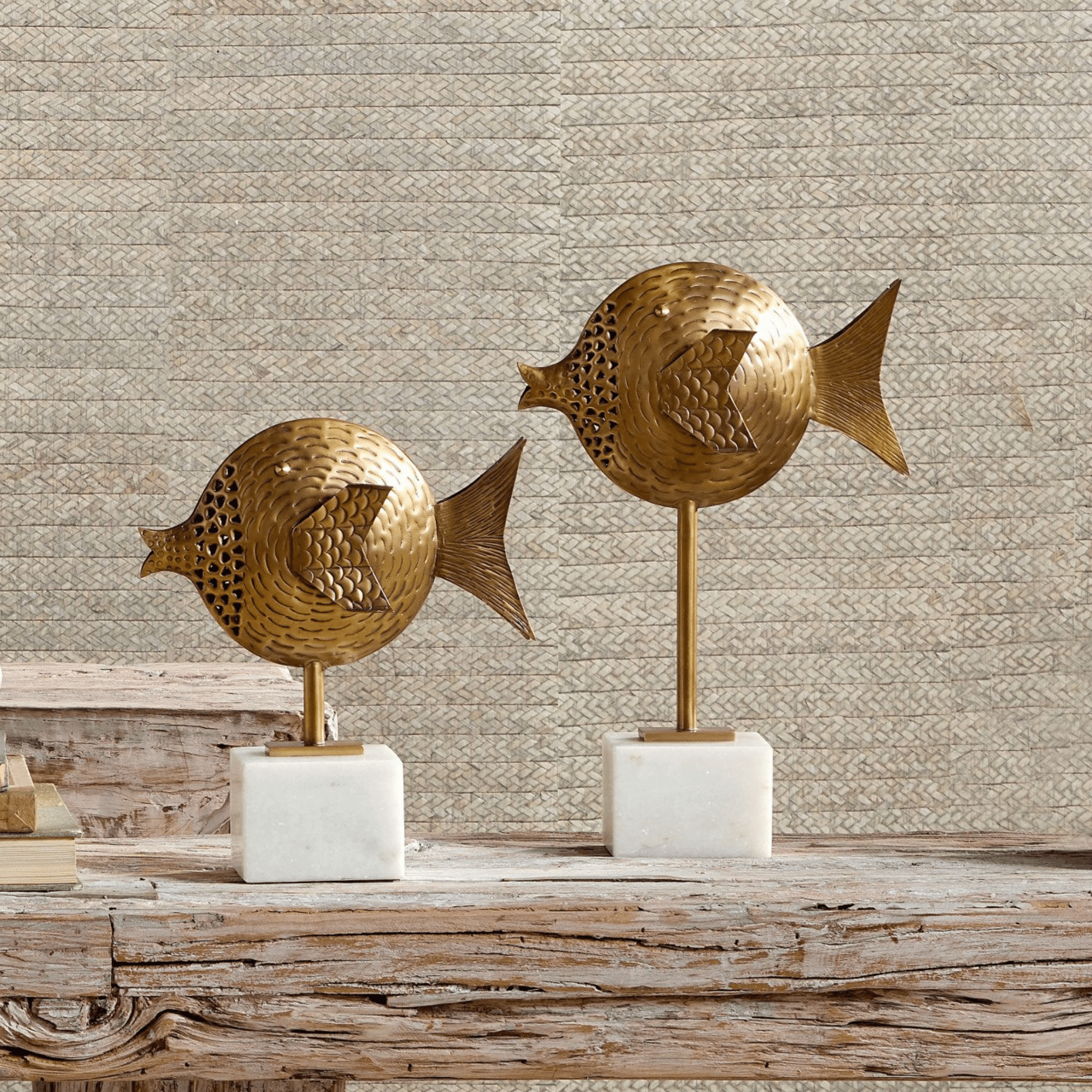 Brass Fish on Stand Set of 2 - coastal inspired home furnishing
