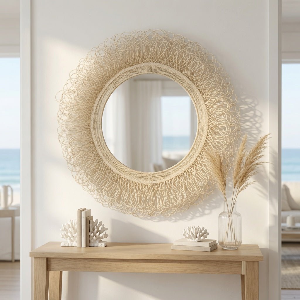 Champagne Reef Cane Round Mirror - Our Boat House