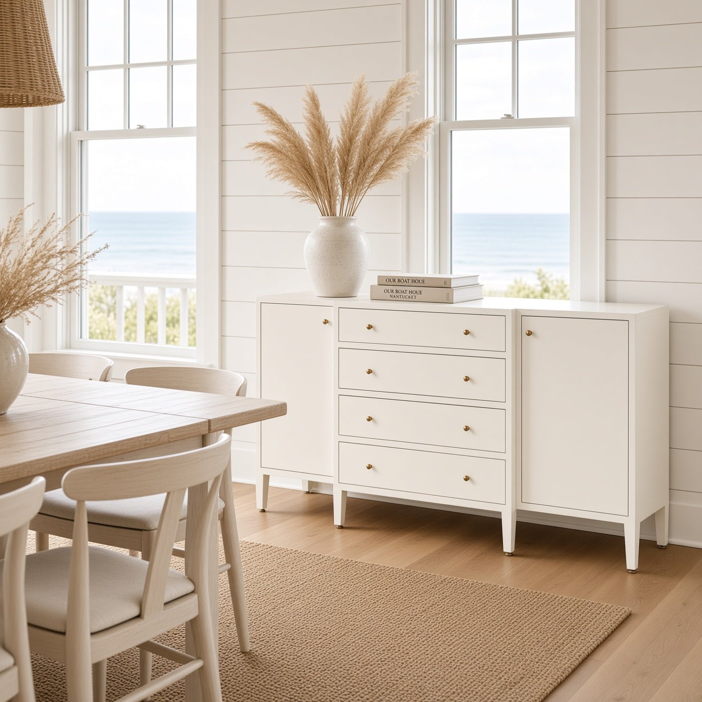 Crane Beach Raffia Deep Drawer Buffet - Pristine White. Two Sizes - Our Boat House