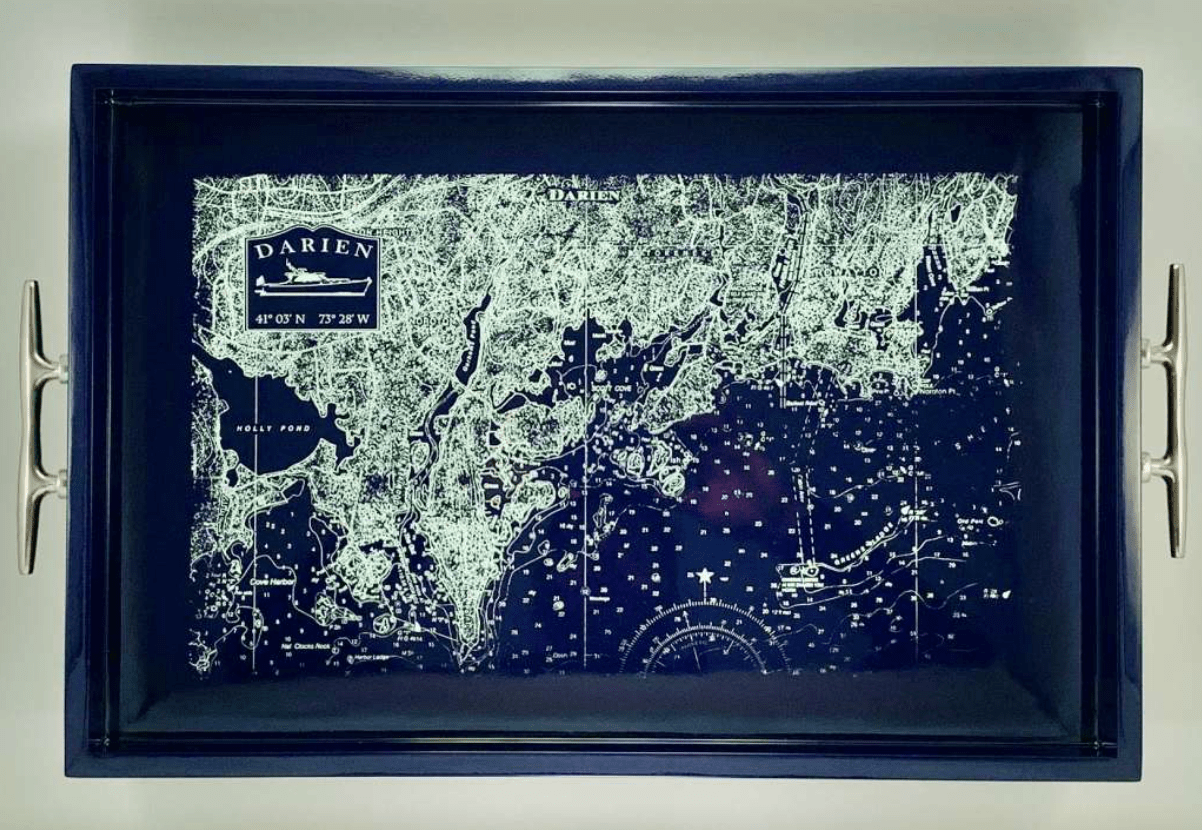 Darien, CT - Rectangular Chart Tray with Silver Cleat Handles - Our Boat House