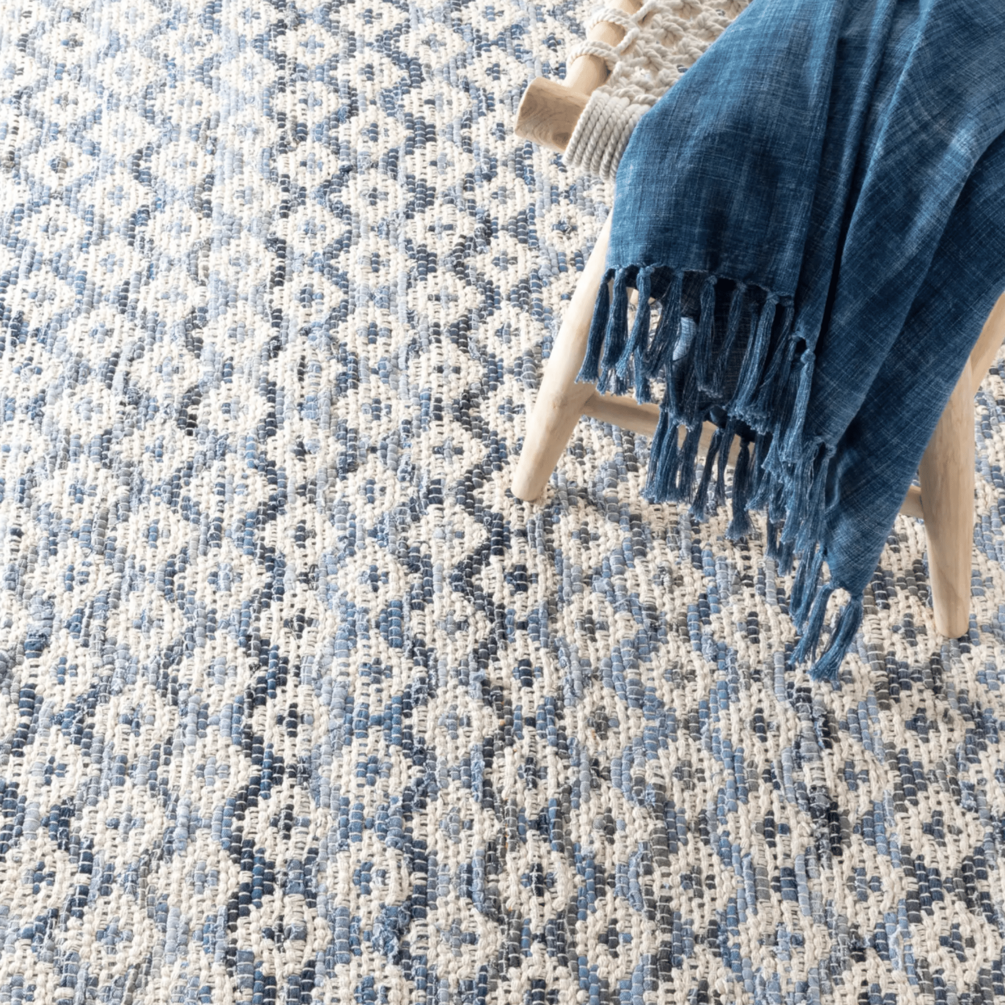 Denim Rag Diamond Ivory Woven Rug - Blue - Our Boat House
