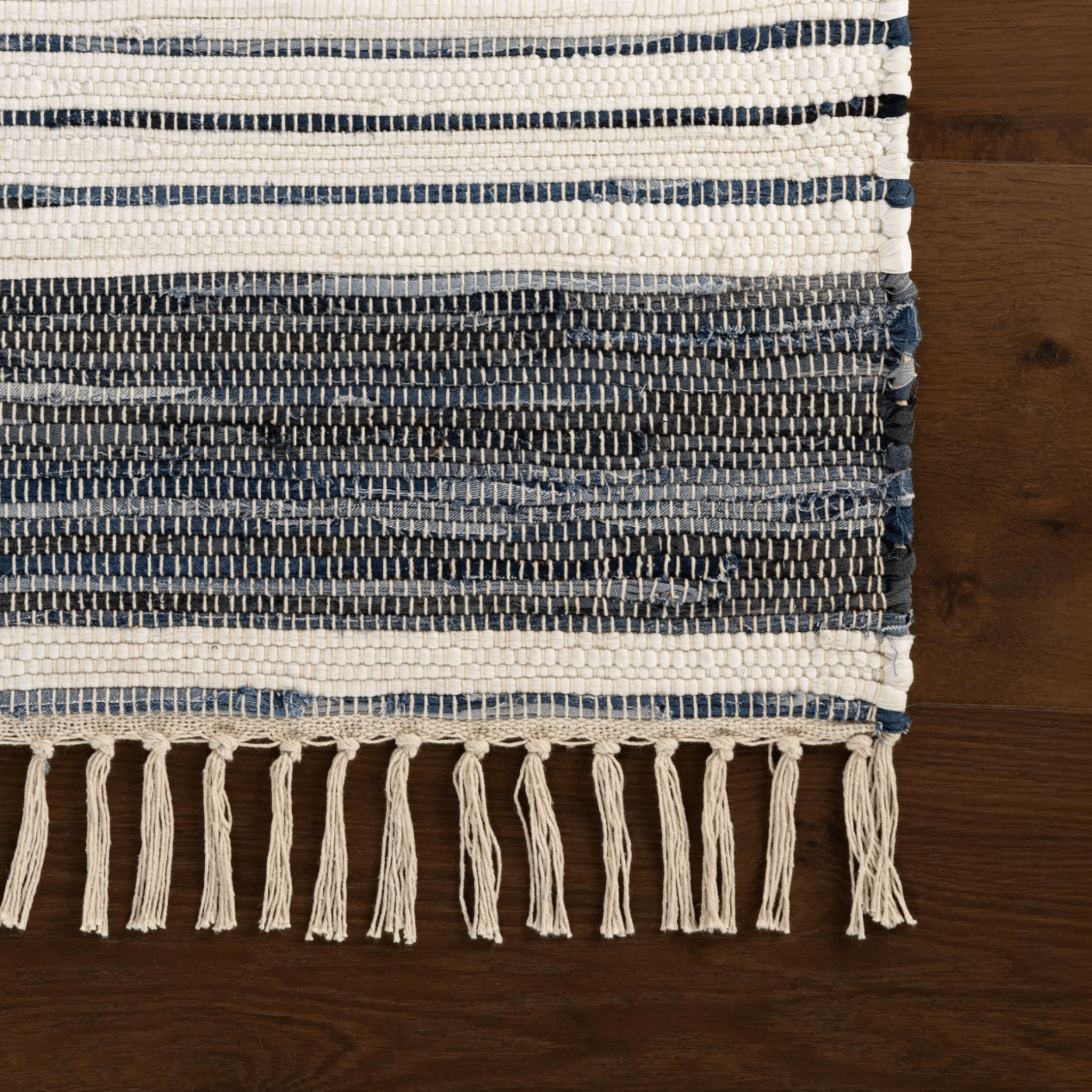 Diora Denim Bohemian Striped Rug - coastal inspired home furnishing close up