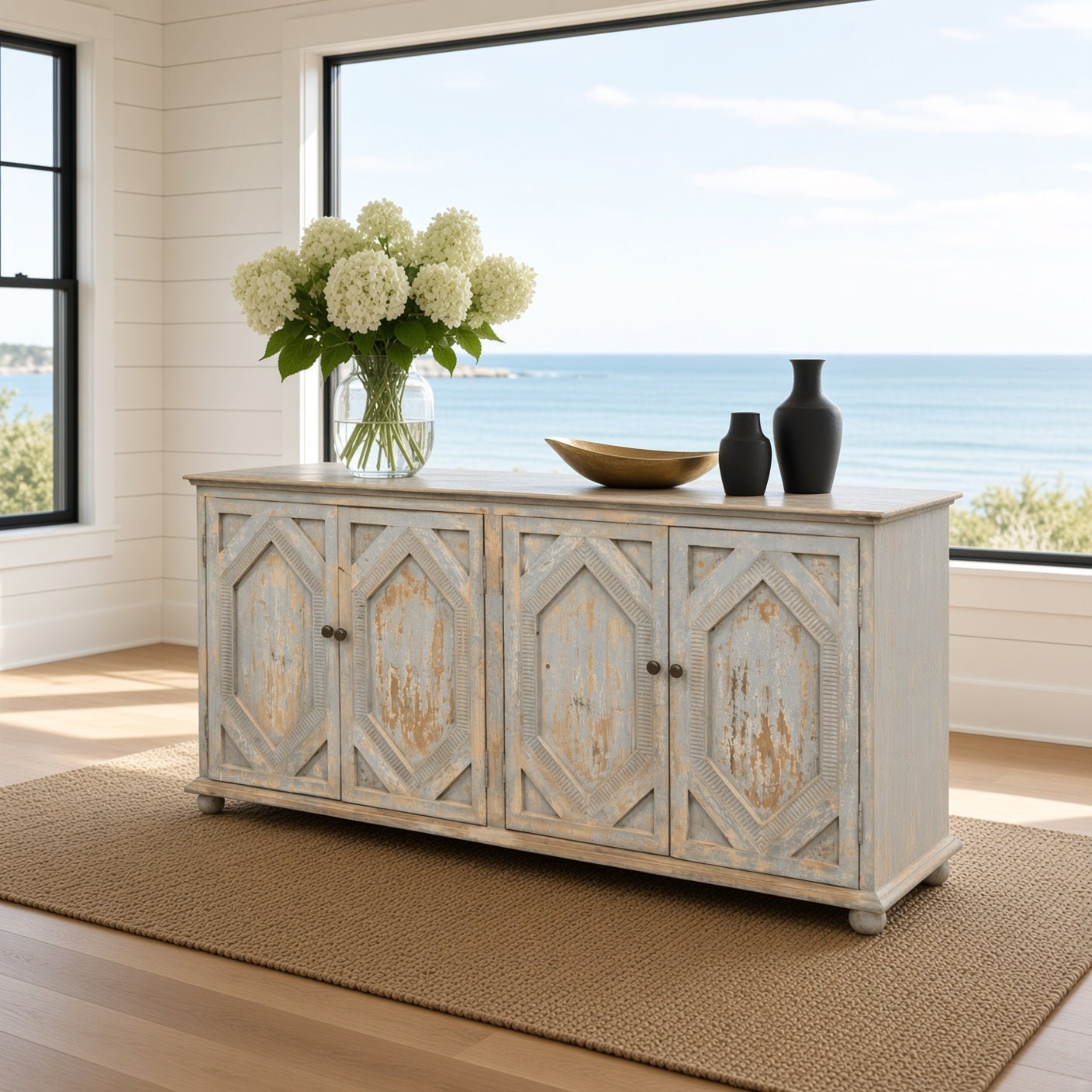 Distressed Carved Sideboard Light Blue - Our Boat House