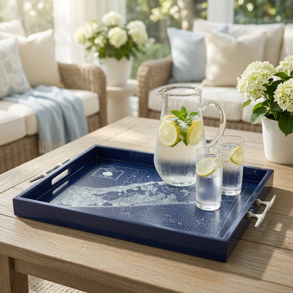 Eastern Long Island Coordinates - Rectangular Navy Tray with Silver Cleat Handles - Our Boat House