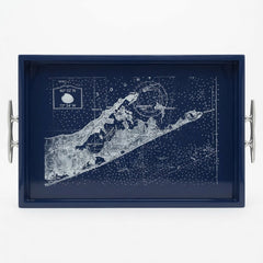 Eastern Long Island Coordinates - Rectangular Navy Tray with Silver Cleat Handles - Our Boat House
