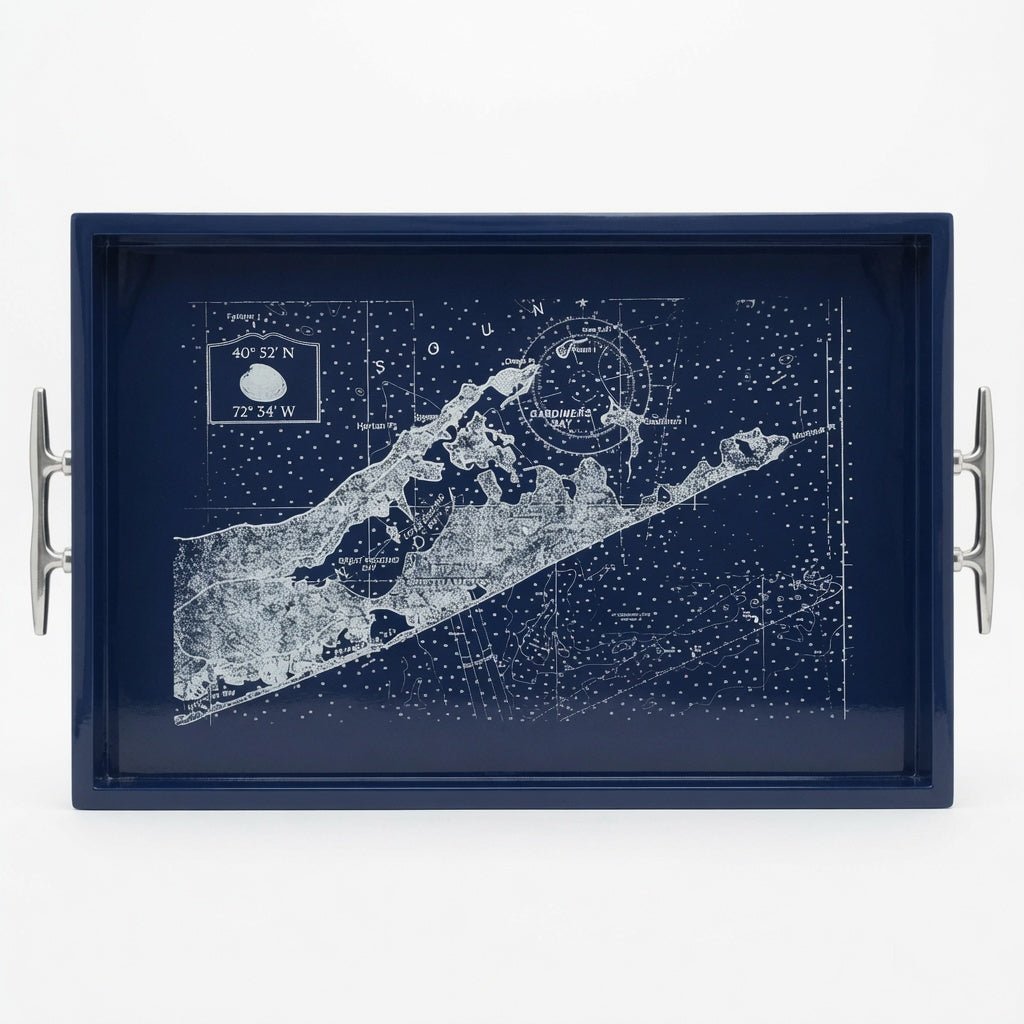 Eastern Long Island Coordinates - Rectangular Navy Tray with Silver Cleat Handles - Our Boat House