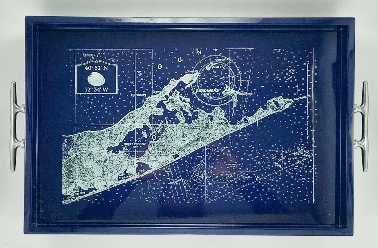 Eastern Long Island Coordinates - Rectangular Navy Tray with Silver Cleat Handles - Our Boat House