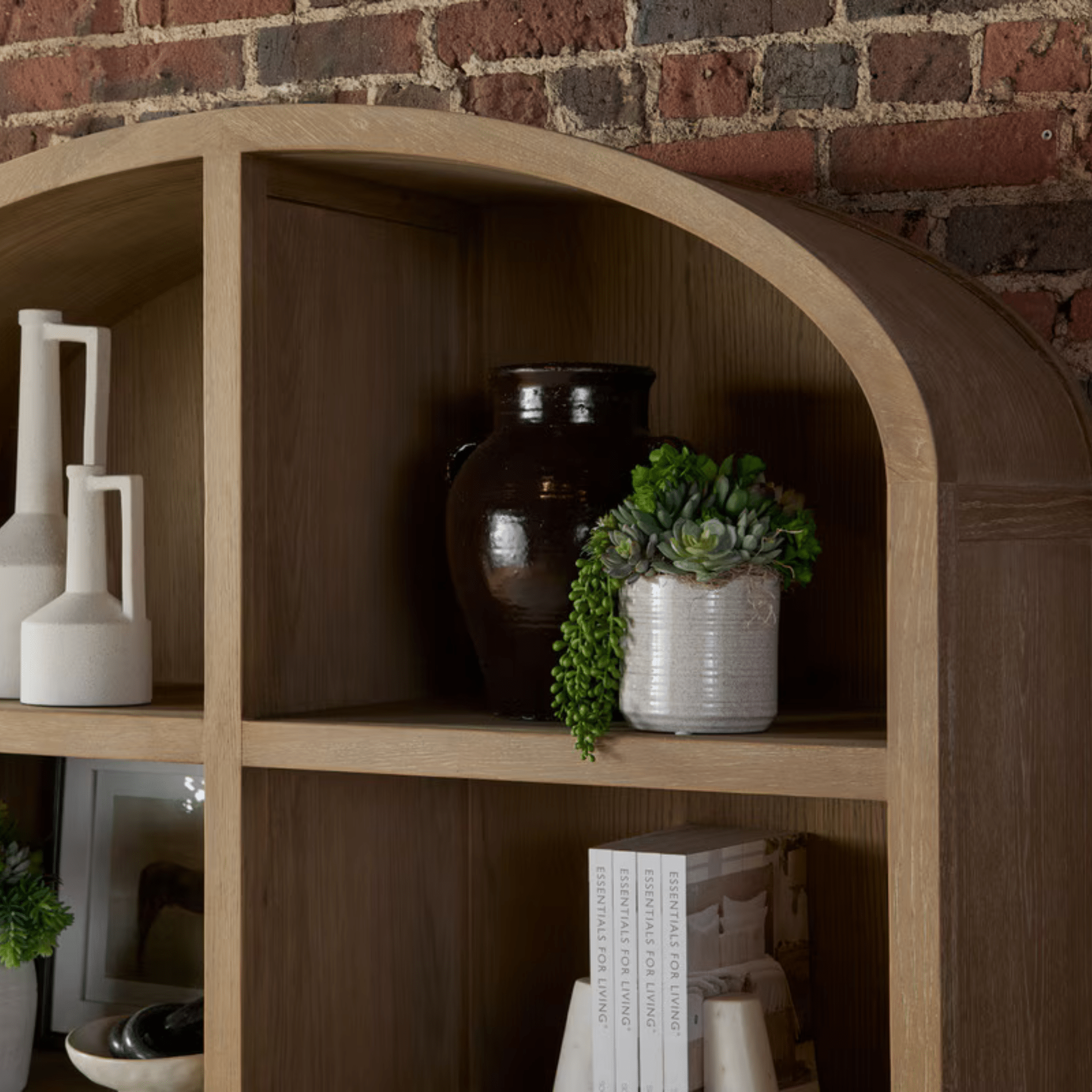 Eden Arched Bookcase - Cane Paneled Doors, Grey Wash Oak Tall Cabinet with Arched Detail, Coastal Storage Bookshelf - Our Boat House