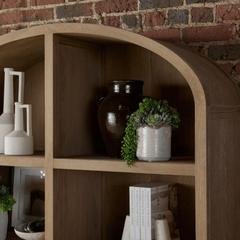 Eden Arched Bookcase - Cane Paneled Doors, Grey Wash Oak Tall Cabinet with Arched Detail, Coastal Storage Bookshelf - Our Boat House