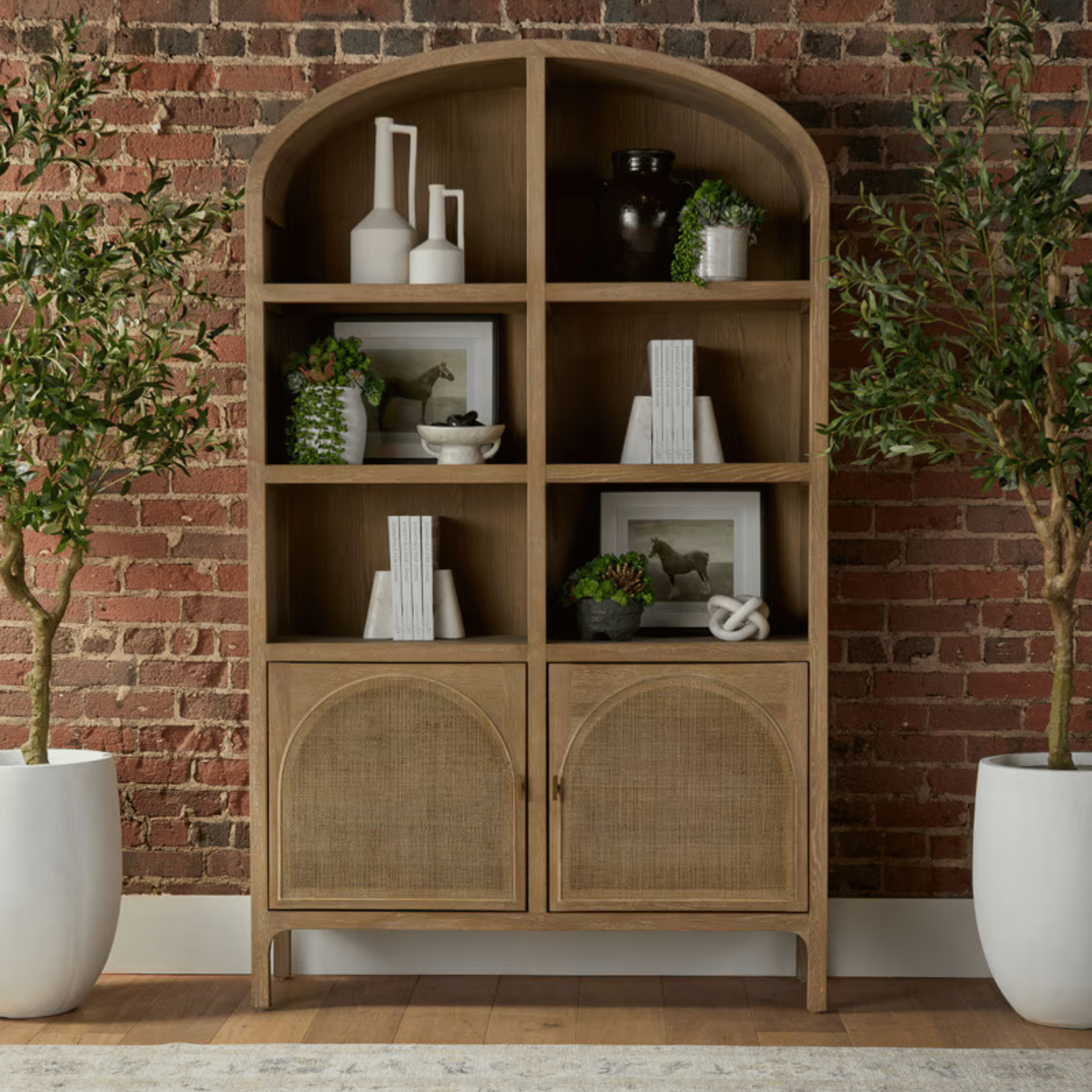 Eden Arched Bookcase - Cane Paneled Doors, Grey Wash Oak Tall Cabinet with Arched Detail, Coastal Storage Bookshelf - Our Boat House