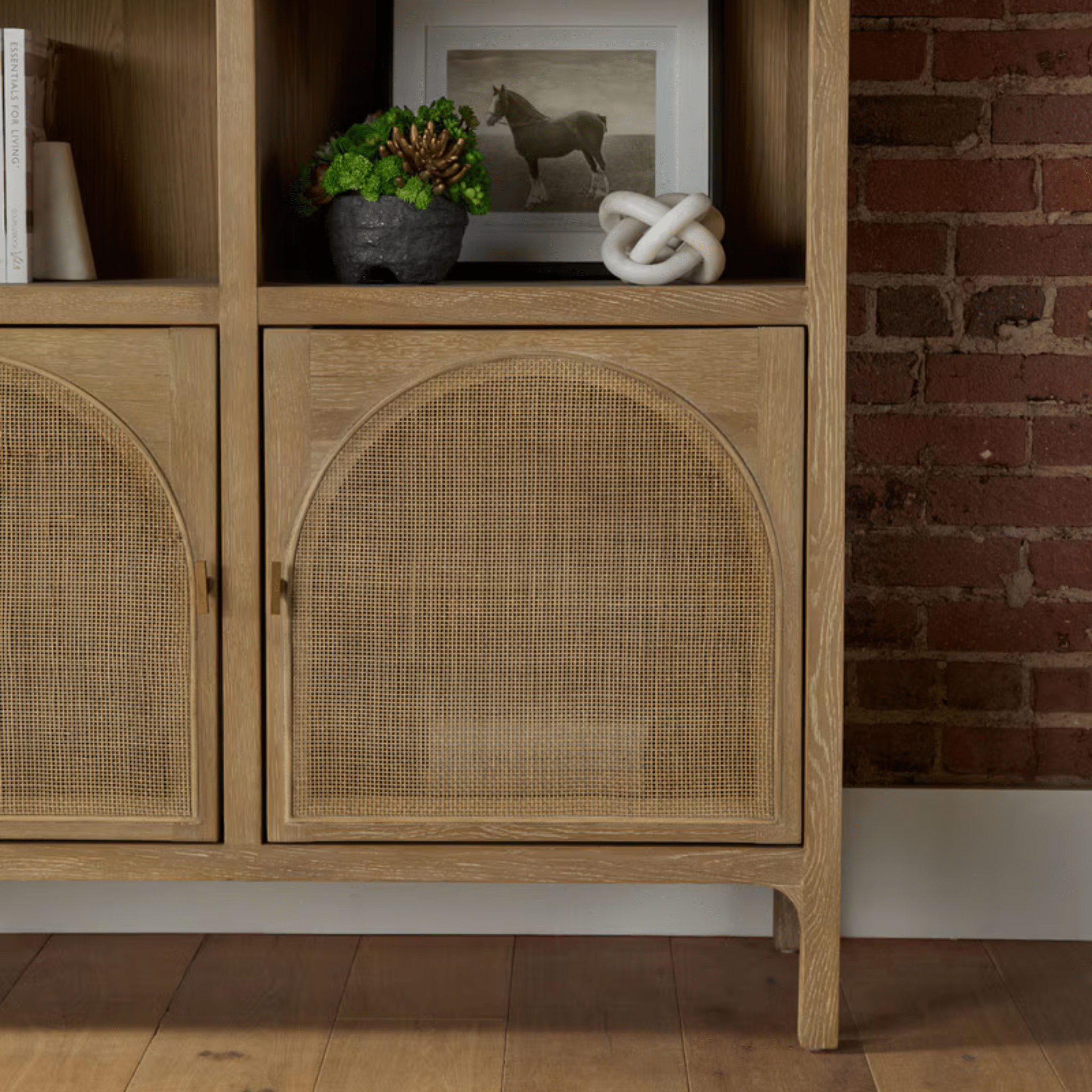 Eden Arched Bookcase - Cane Paneled Doors, Grey Wash Oak Tall Cabinet with Arched Detail, Coastal Storage Bookshelf - Our Boat House
