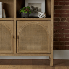 Eden Arched Bookcase - Cane Paneled Doors, Grey Wash Oak Tall Cabinet with Arched Detail, Coastal Storage Bookshelf - Our Boat House
