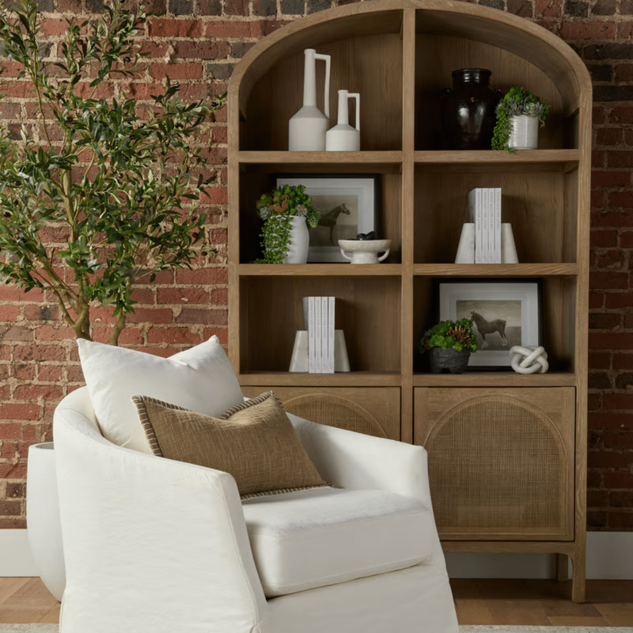 Eden Arched Bookcase - Cane Paneled Doors, Grey Wash Oak Tall Cabinet with Arched Detail, Coastal Storage Bookshelf - Our Boat House