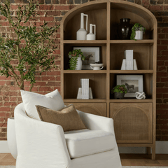Eden Arched Bookcase - Cane Paneled Doors, Grey Wash Oak Tall Cabinet with Arched Detail, Coastal Storage Bookshelf - Our Boat House