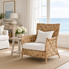Ellen Lounge Chair - White Coastal Accent Lounge Chair, Natural Finish, Beach House Living Room Seating - Our Boat House