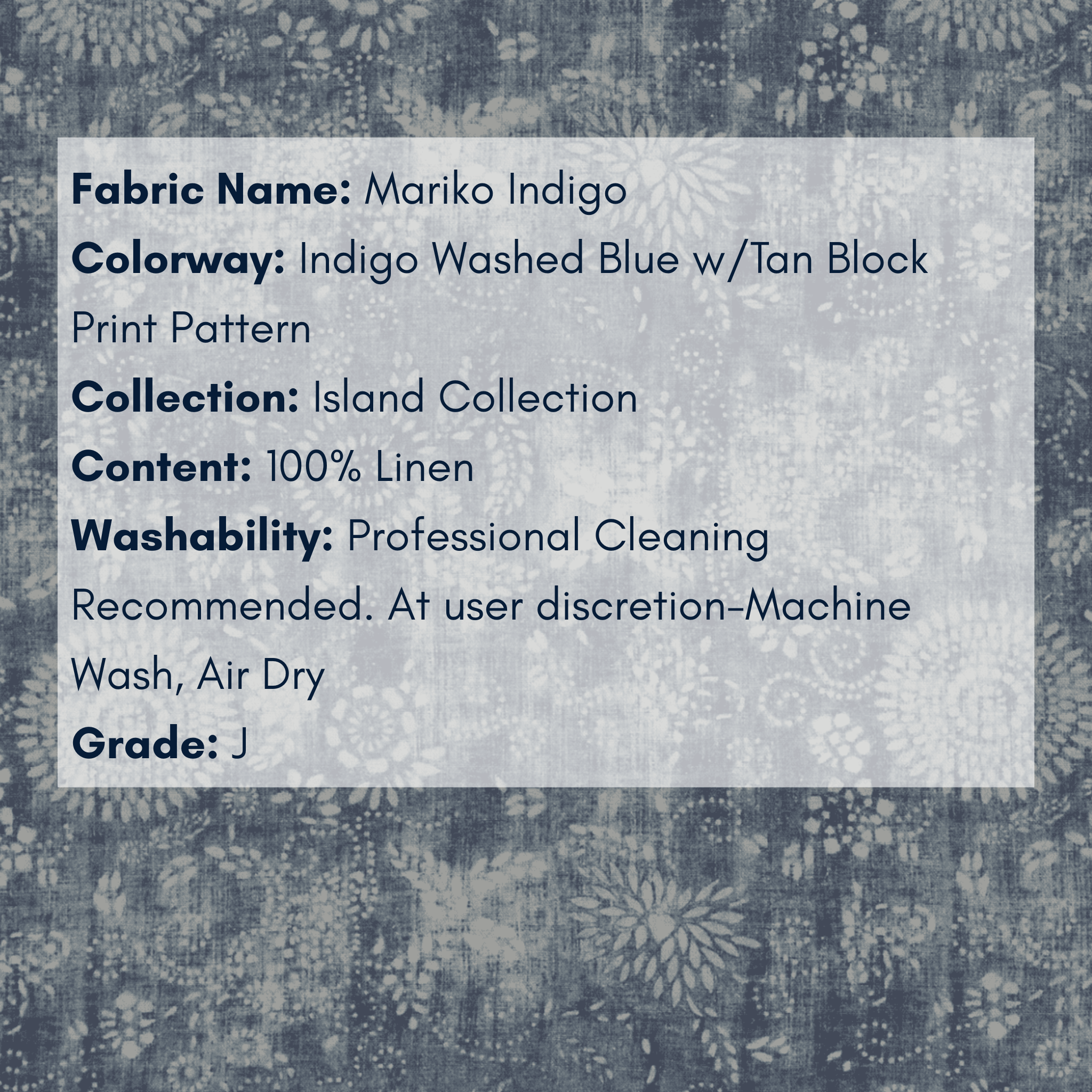 Fabric Swatch - Island Collection: Mariko Indigo - Our Boat House