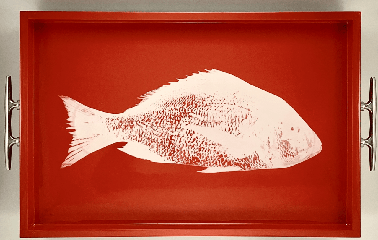 Fish Tray - Lacquered Orange with Silver Cleat Handles - Our Boat House