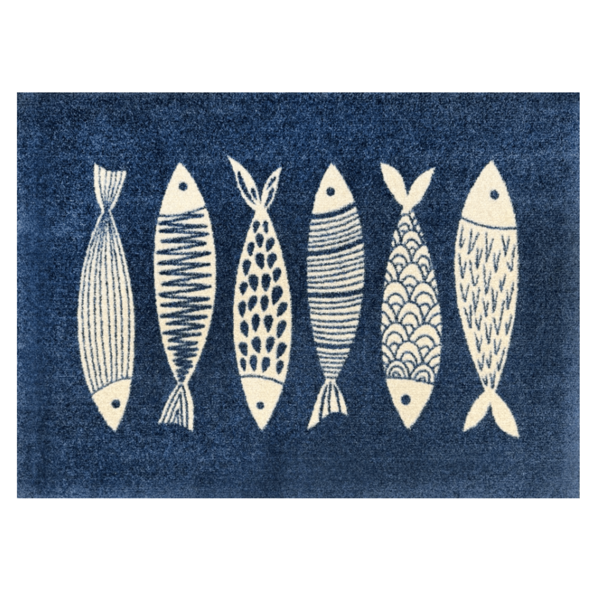A Fish Tale Rug - Machine Washable Nautical Area Rug, Denim Blue and Ivory Fish Pattern, Multiple Sizes, Coastal Doormat to Runner