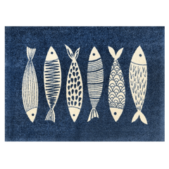 A Fish Tale Rug - Machine Washable Nautical Area Rug, Denim Blue and Ivory Fish Pattern, Multiple Sizes, Coastal Doormat to Runner