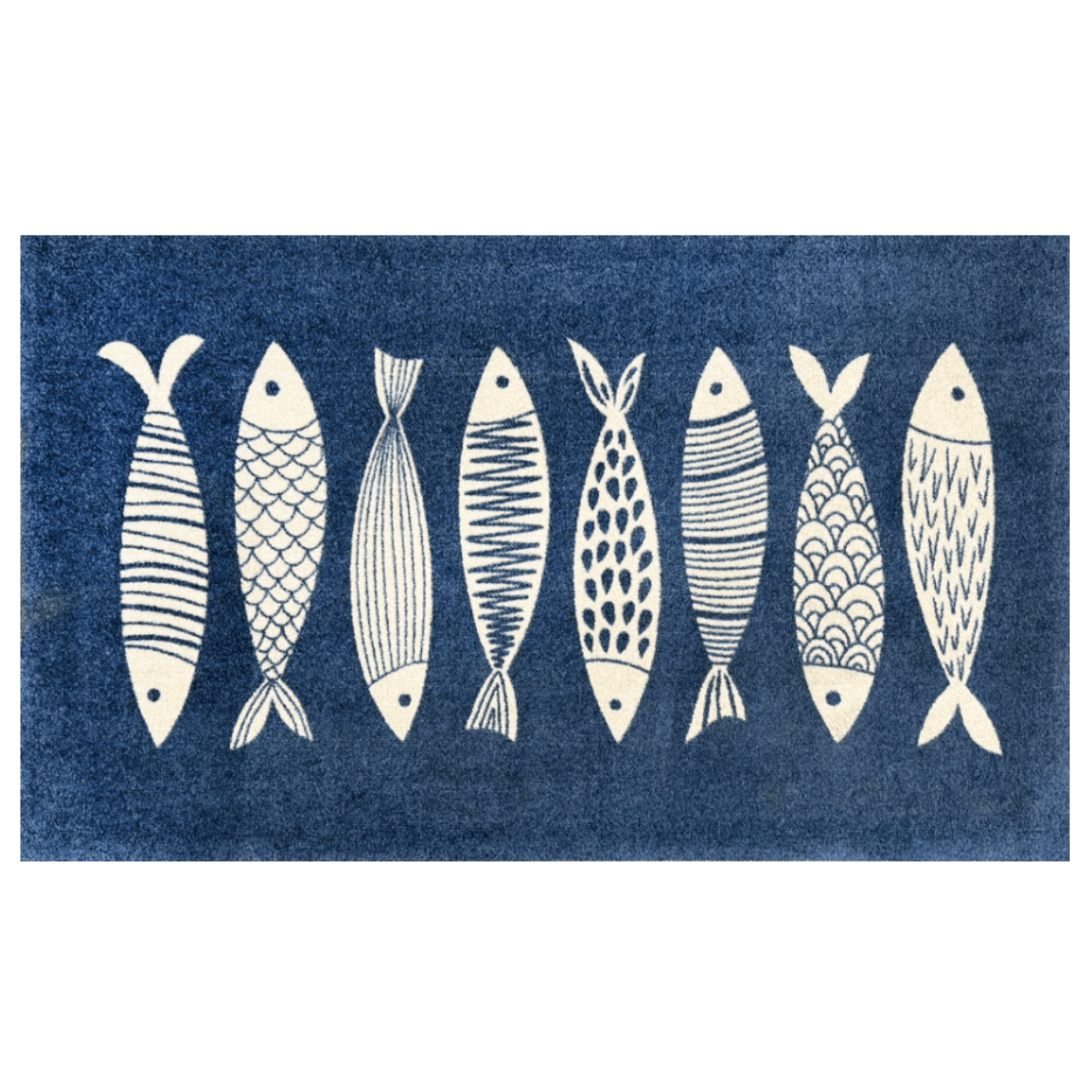 A Fish Tale Rug - Machine Washable Nautical Area Rug, Denim Blue and Ivory Fish Pattern, Multiple Sizes, Coastal Doormat to Runner