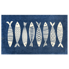 A Fish Tale Rug - Machine Washable Nautical Area Rug, Denim Blue and Ivory Fish Pattern, Multiple Sizes, Coastal Doormat to Runner