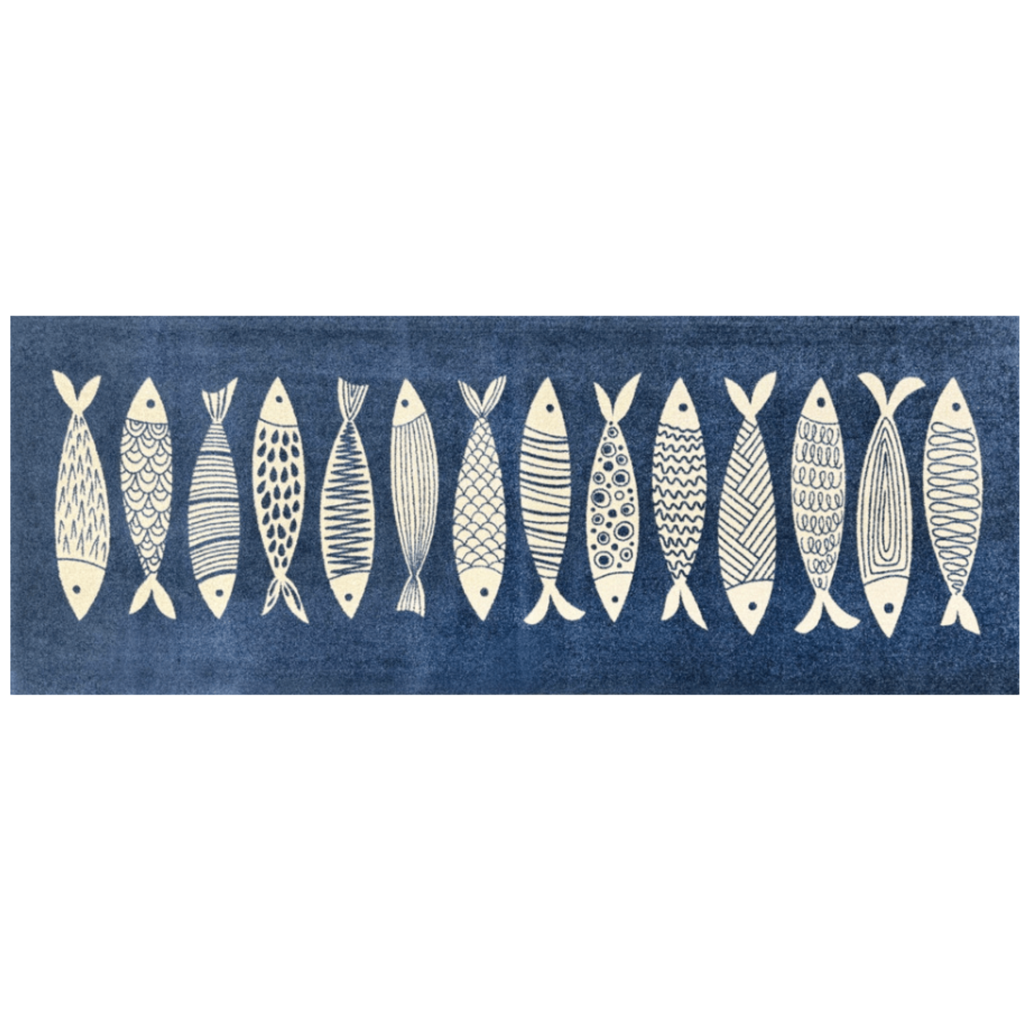 A Fish Tale Rug - Machine Washable Nautical Area Rug, Denim Blue and Ivory Fish Pattern, Multiple Sizes, Coastal Doormat to Runner