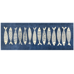 A Fish Tale Rug - Machine Washable Nautical Area Rug, Denim Blue and Ivory Fish Pattern, Multiple Sizes, Coastal Doormat to Runner