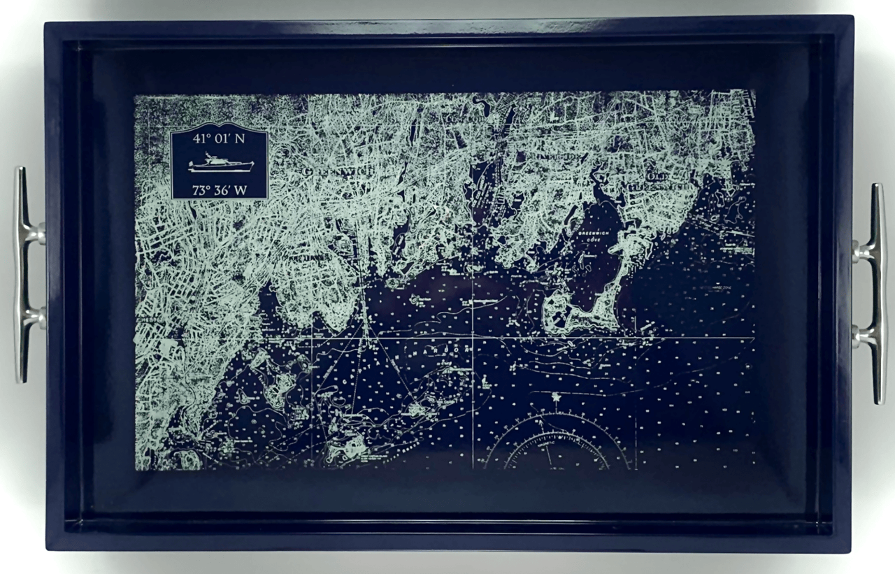 Greenwich, CT - Rectangular Navy Chart Tray with Silver Cleat Handles - Our Boat House