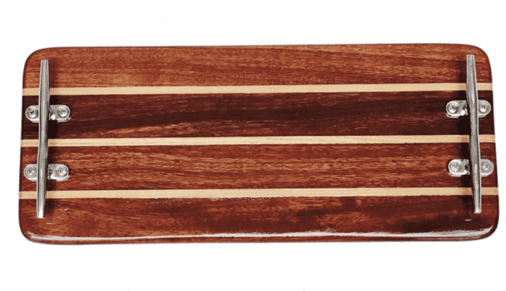 Handcrafted Teak Plank Tray - Narrow Rectangular w/Silver Cleat Handles - Our Boat House