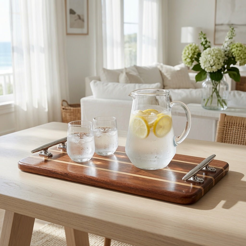 Handcrafted Teak Plank Tray -Narrow Rectangular w/Silver Cleat Handles - Our Boat House