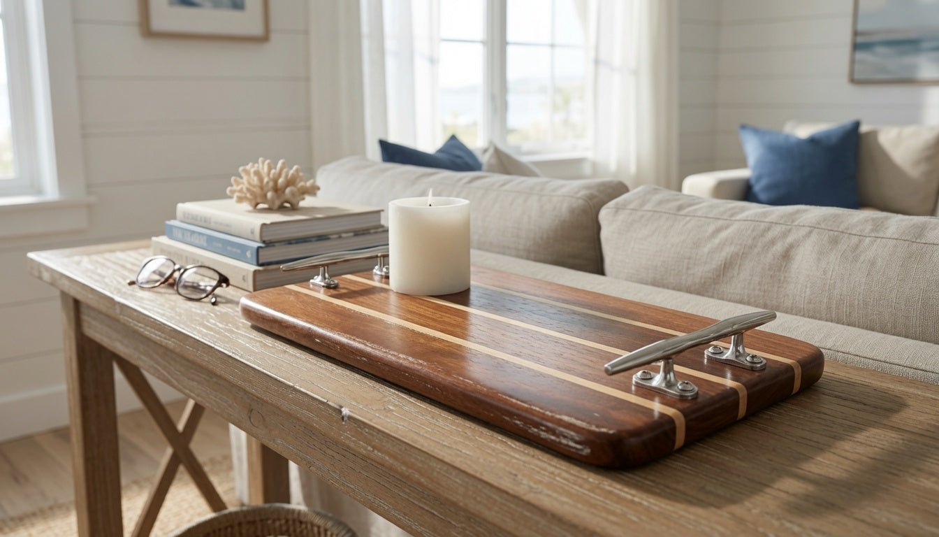 Handcrafted Teak Plank Tray -Narrow Rectangular w/Silver Cleat Handles - Our Boat House